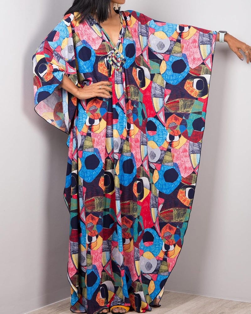 Bsubseach Women Ethnic Print Kaftan Beach Dress Plus Size Swimsuit Cover Up - Image 2